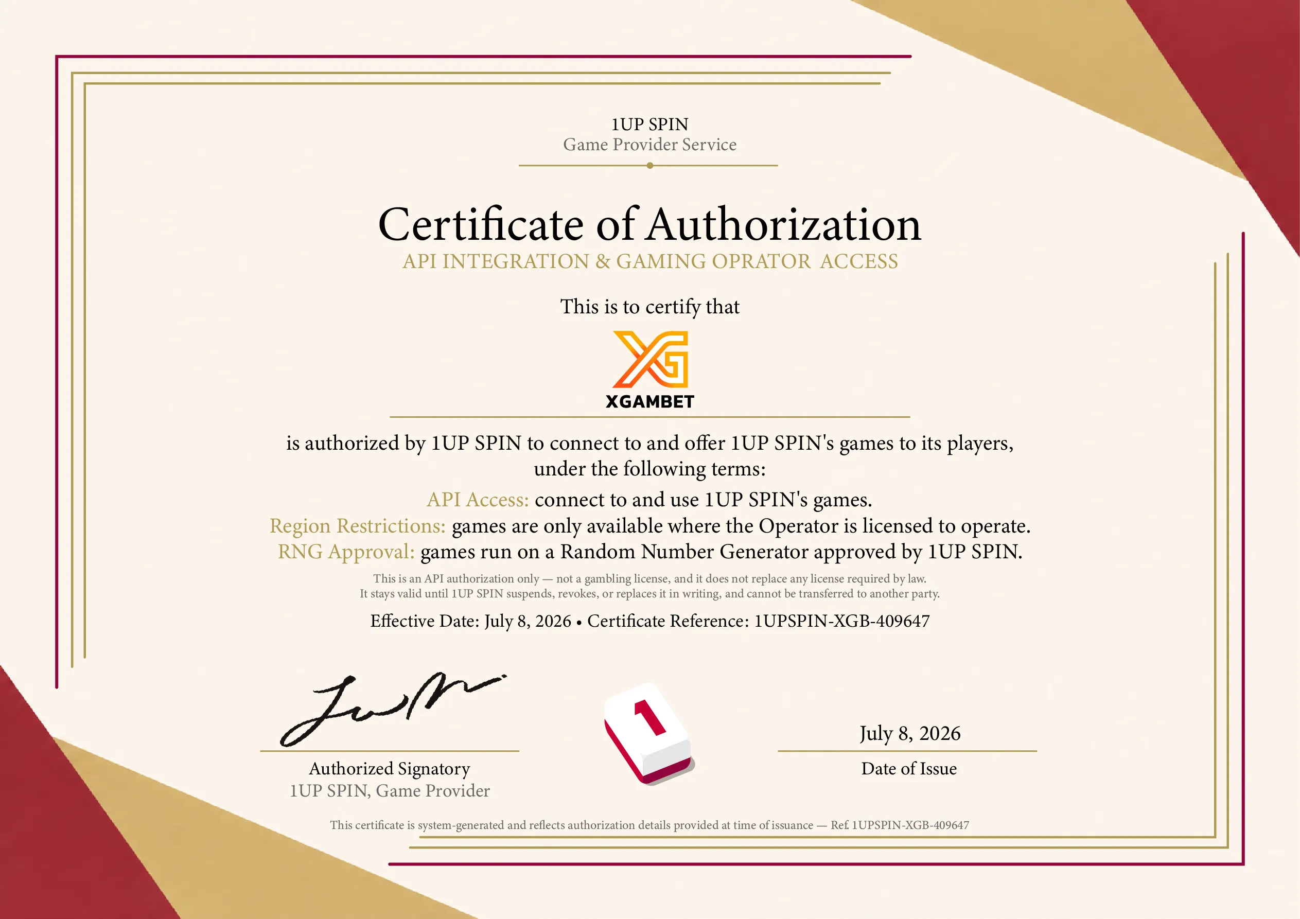 XGB Certificate of Authorization